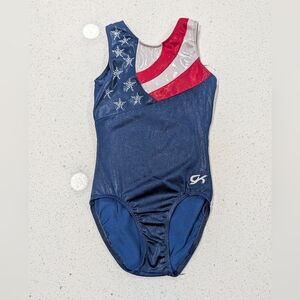 PATRIOTIC GK ELITE Gymnastics Dance Leotard Large Mystique FLAG Red Blue defect